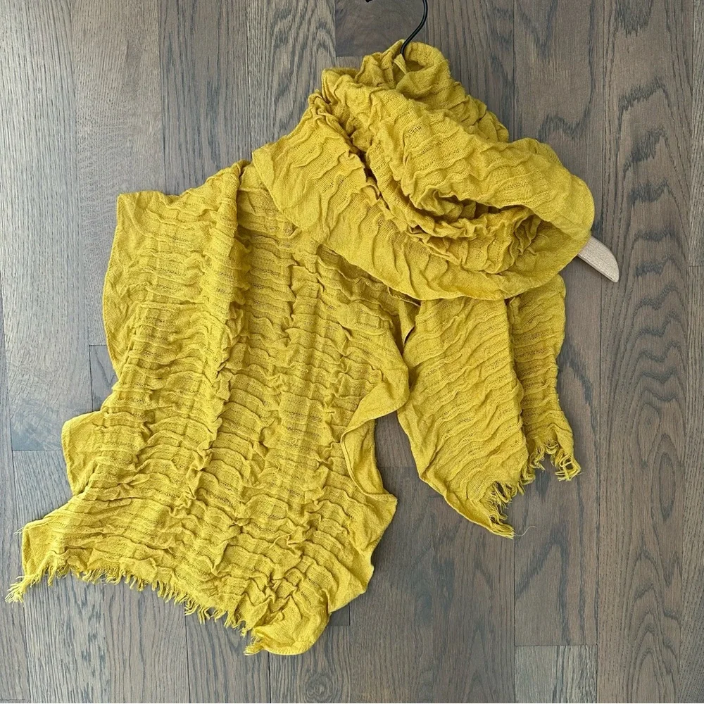 Eileen Fisher Gauze Stretch Wool Blend Ruffle Oblong Scarf Mustard Yellow 68